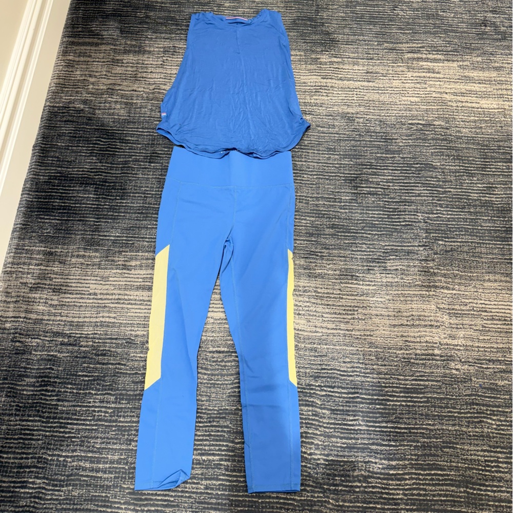 Women’s Athletic High-Waist Blue Leggings with Yellow Side Panels